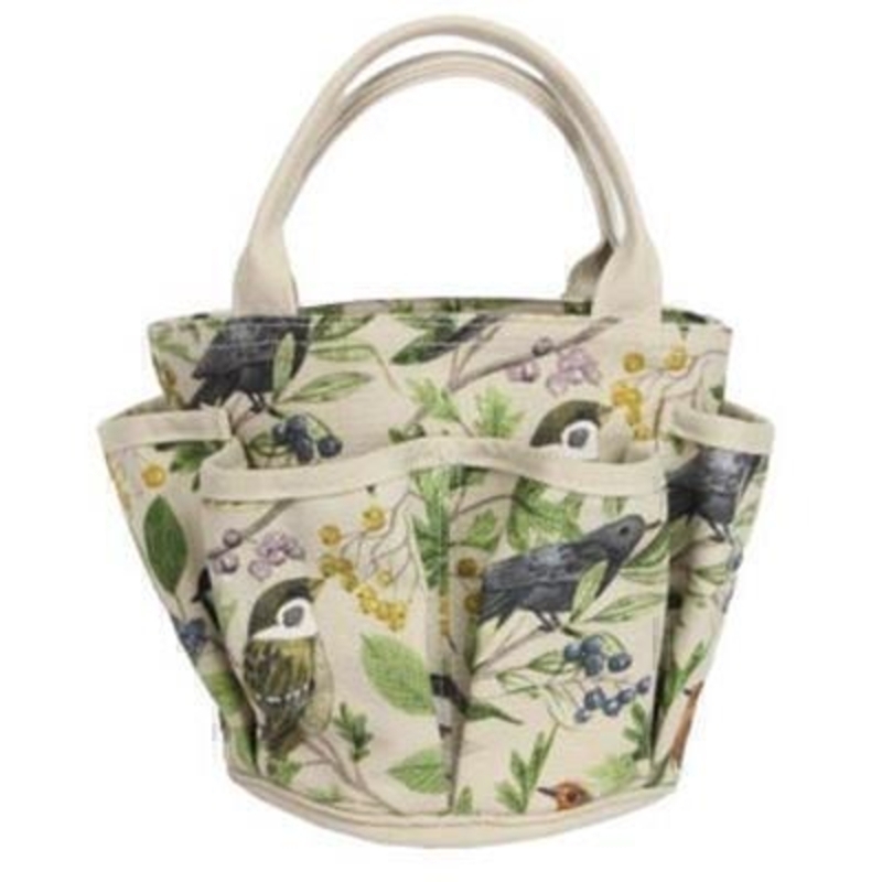 Gardening shopper bag with a lovely bird and tree pattern printed on By the designer Gisela Graham who designs really beautiful gifts for your garden and home. (LxWxD) 24x26x15cm